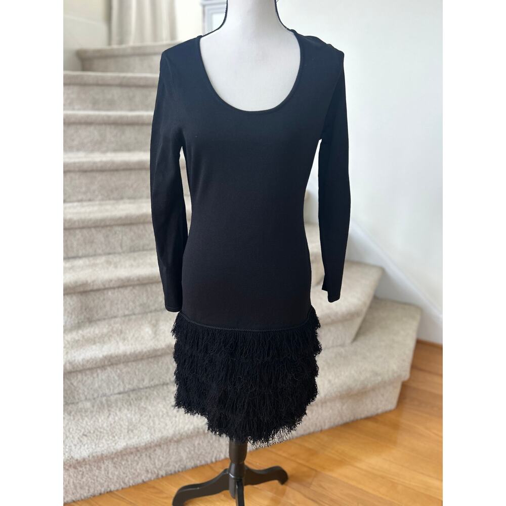 Calvin Klein Black Knit Fringe Trim long Sleeve Scoop Neck Sheath Dress